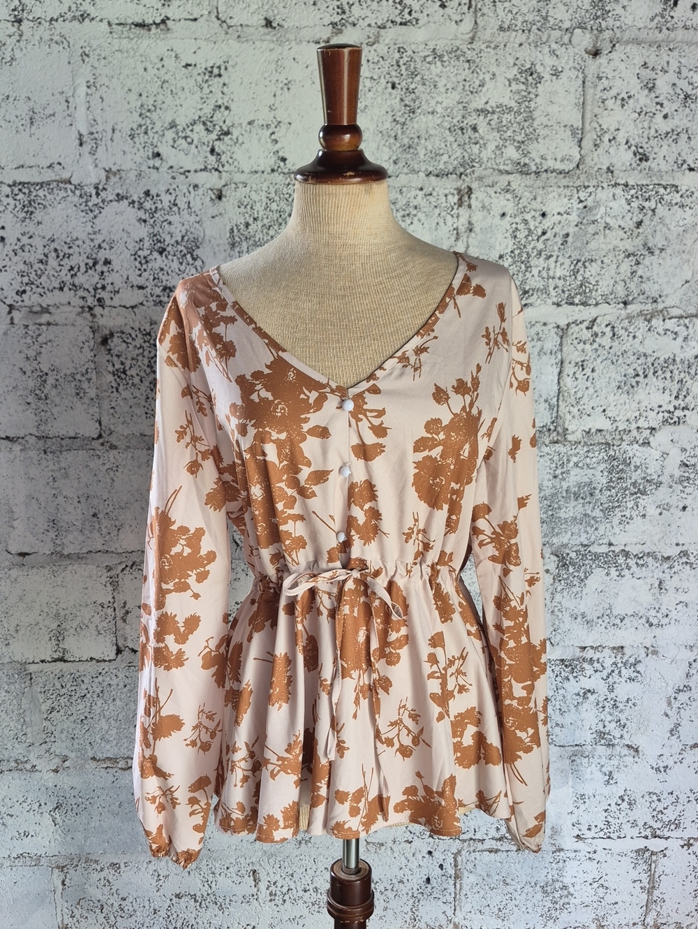 V-Neck Floral Peplum Tie Blouse - Cream & Brown